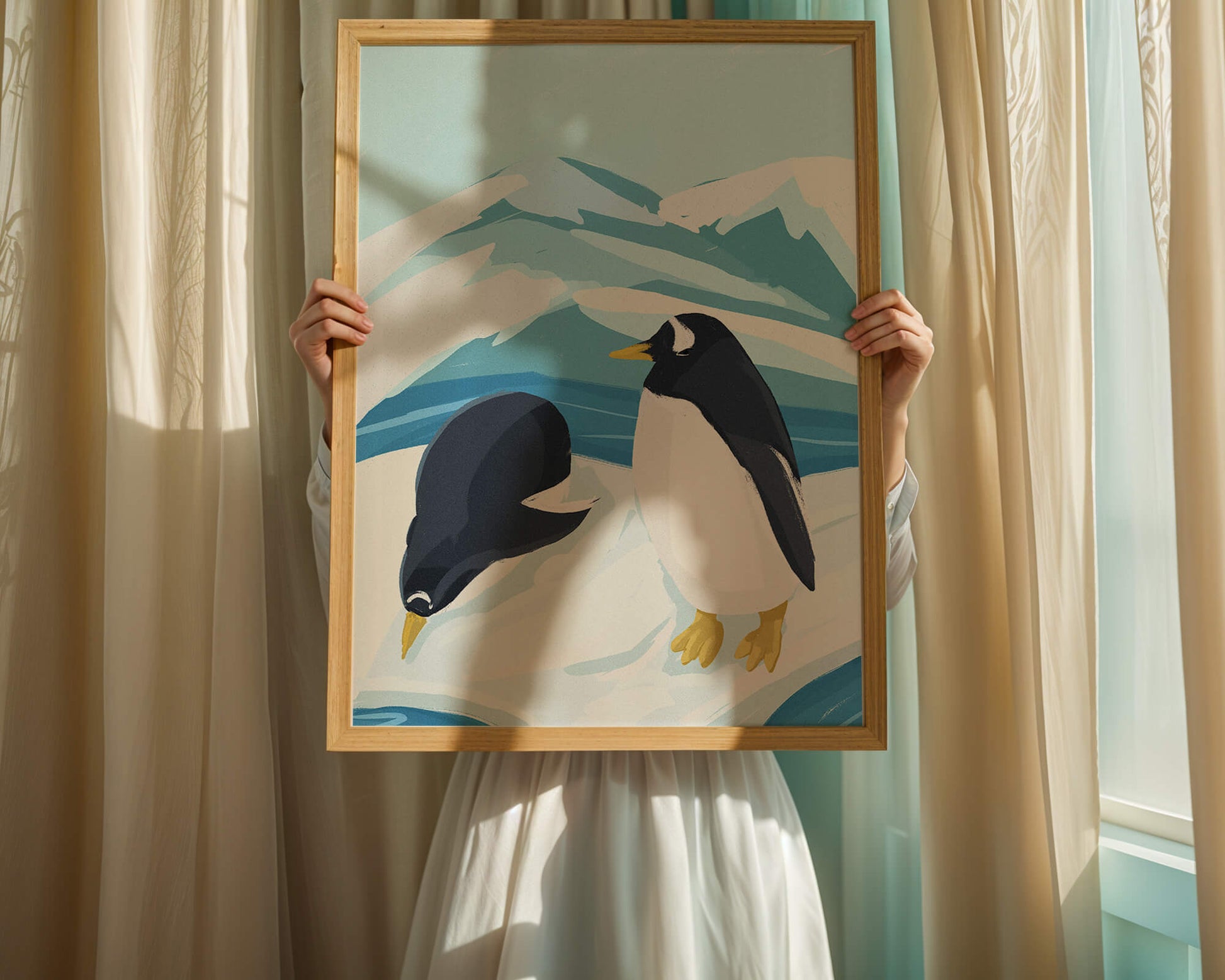 Gentoo penguins in an Antarctic landscape illustration