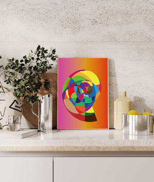 Vibrant abstract geometric shape with multicolored spiral on gradient background