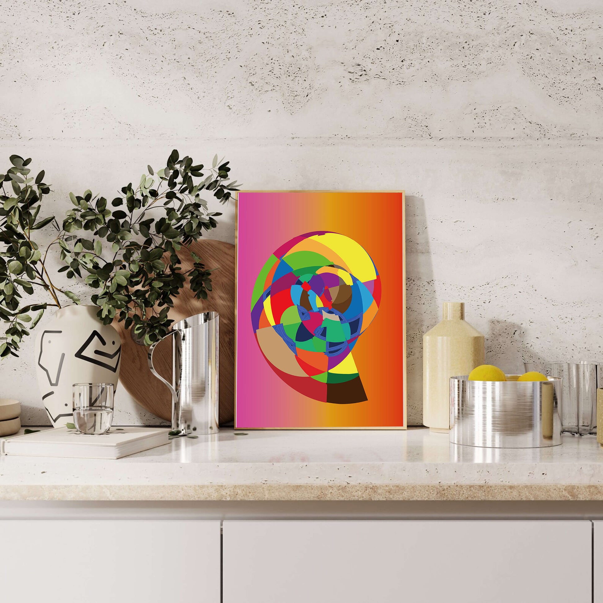 Vibrant abstract geometric shape with multicolored spiral on gradient background