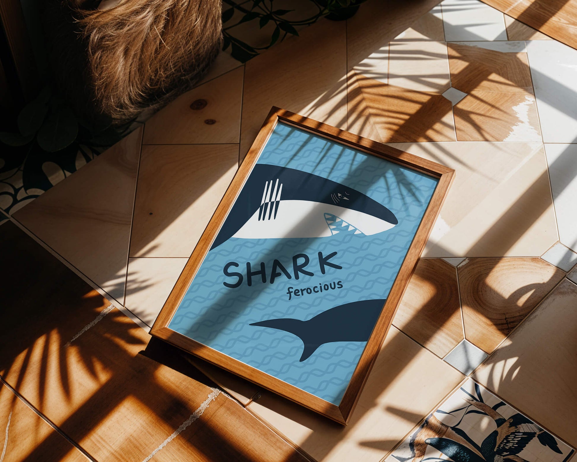Illustrated shark graphic with blue background and typography