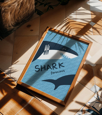Illustrated shark graphic with blue background and typography