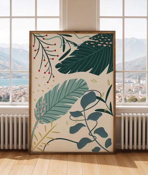 Abstract Botanical Illustration with Colorful Leaf Patterns