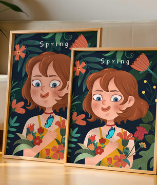 Ilustración primaveral encantadora con flores y mariposa