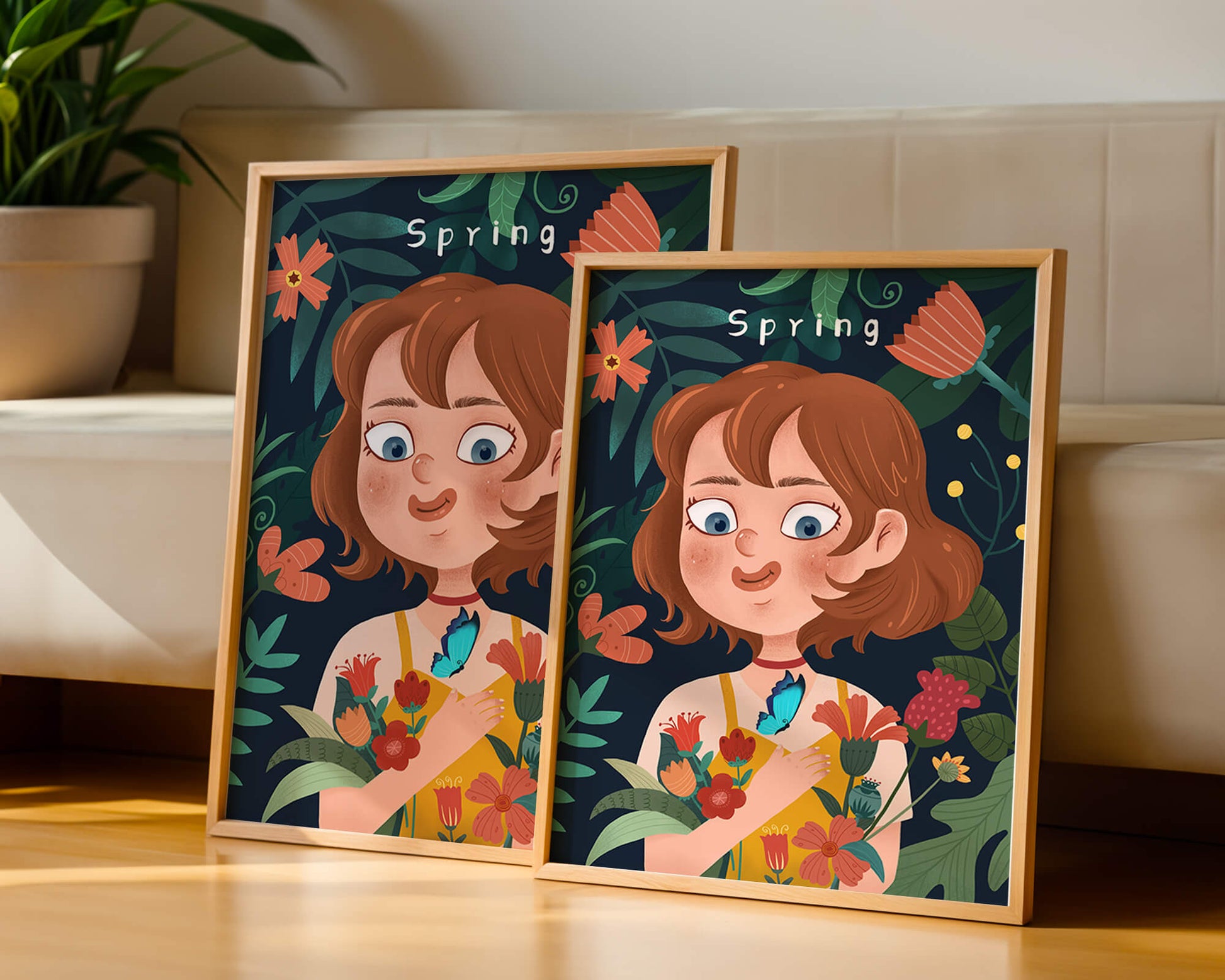 Ilustración primaveral encantadora con flores y mariposa