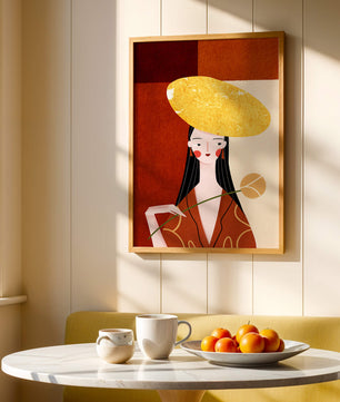 Elegant Woman with a Gold Hat and a Flower on a Red Background - Mi tienda