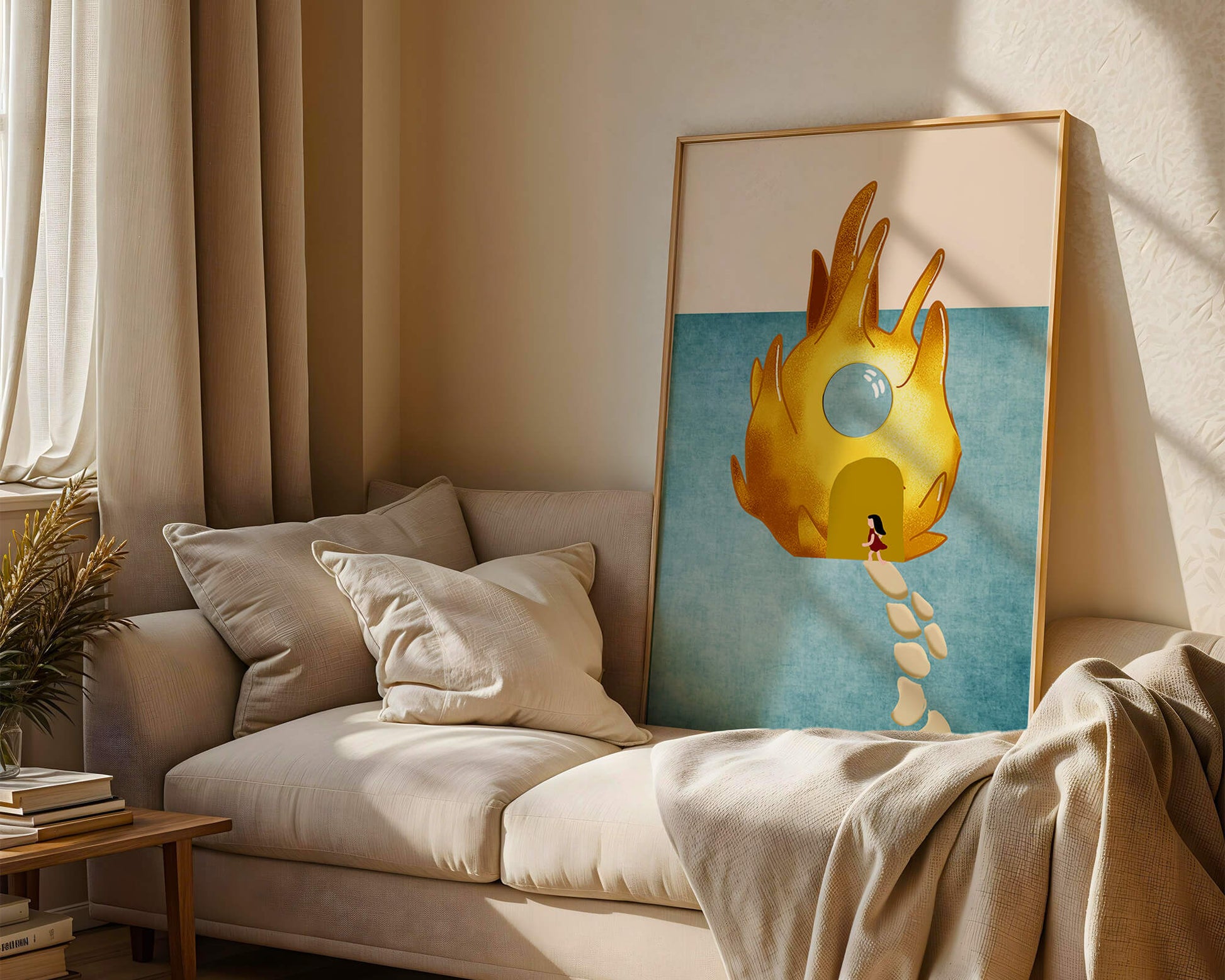 Enchanted House With Golden Flame Shape On Light Blue Background