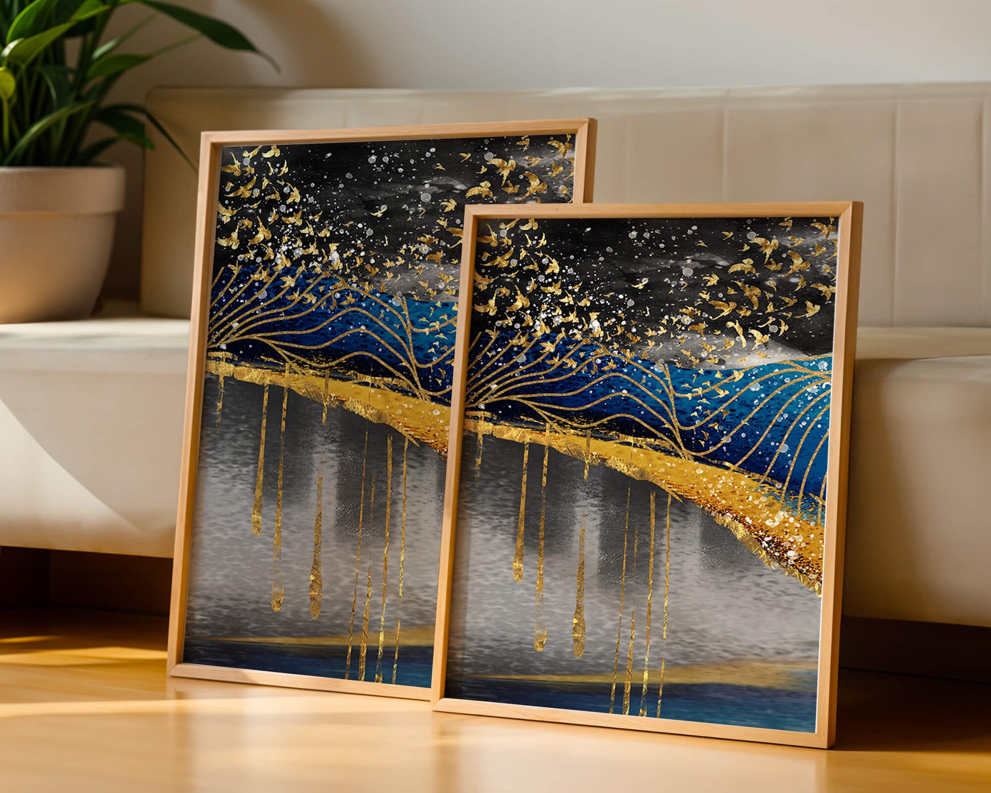 Abstract Night Sky With Golden Birds And Waves
