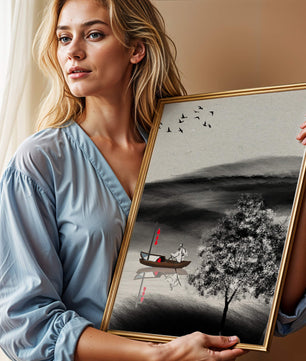 Voyage paisible en bateau dans un paysage serein avec oiseaux et arbre