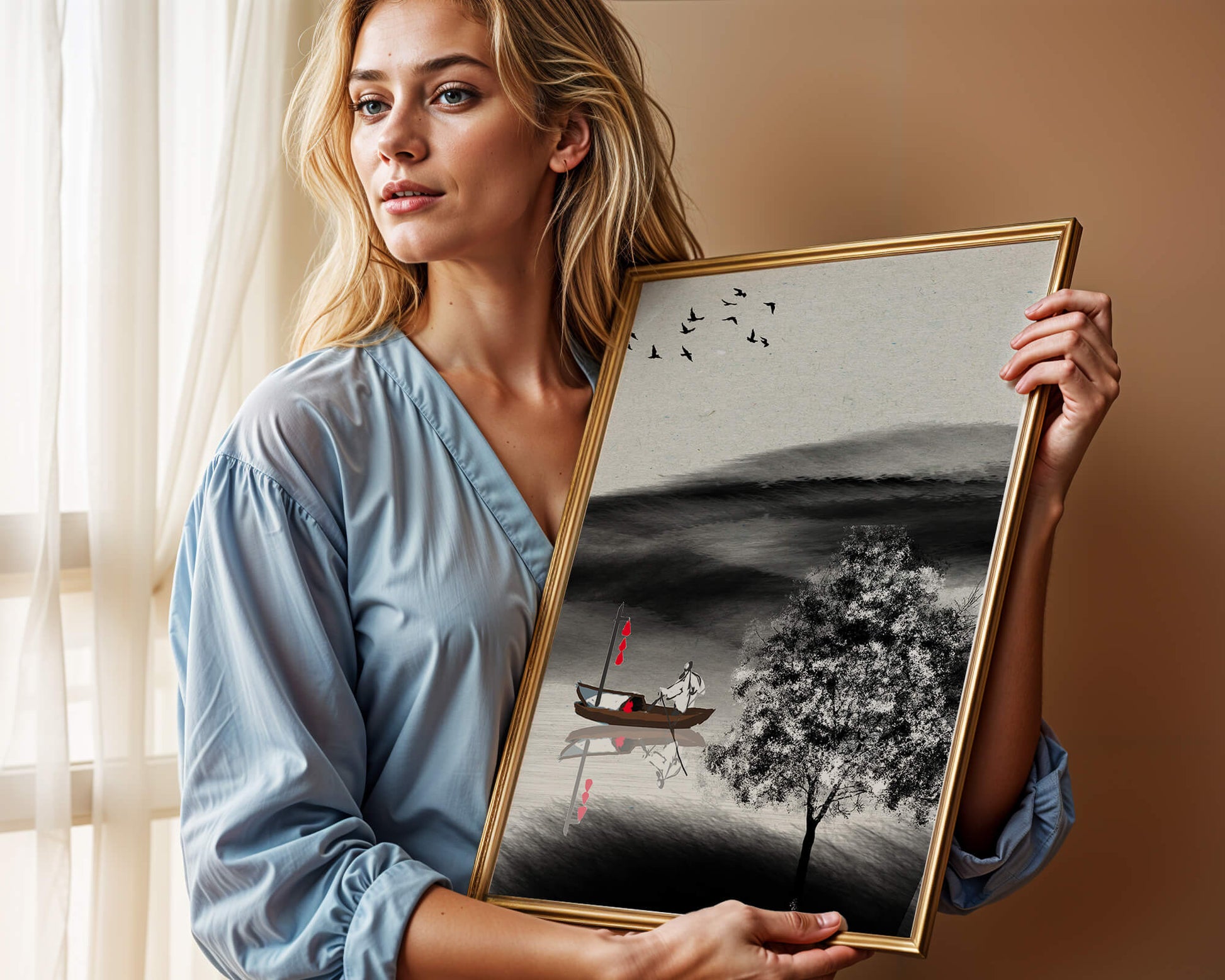 Tranquilo viaje en barco en un paisaje sereno con pájaros y árbol