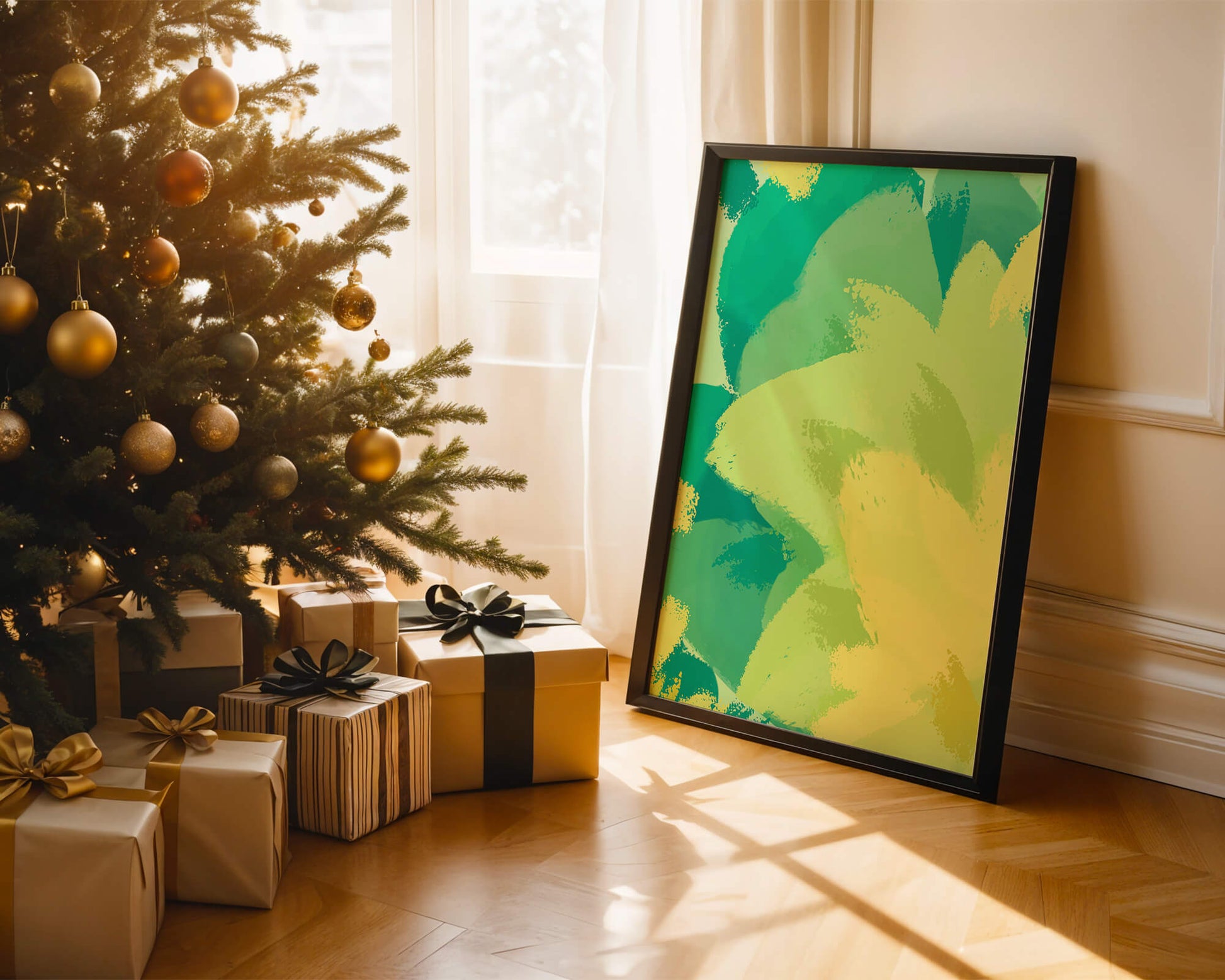 Abstract green and yellow brushstroke painting