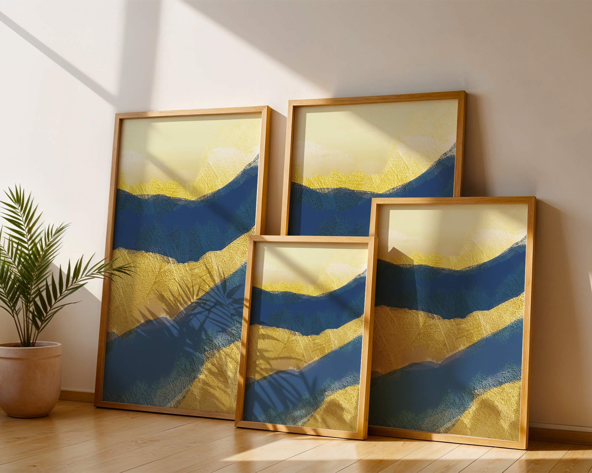 Abstract landscape with blue and yellow textured layers