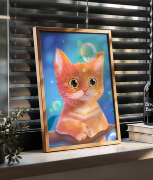Adorable orange kitten illustration with bubbles and a colorful background