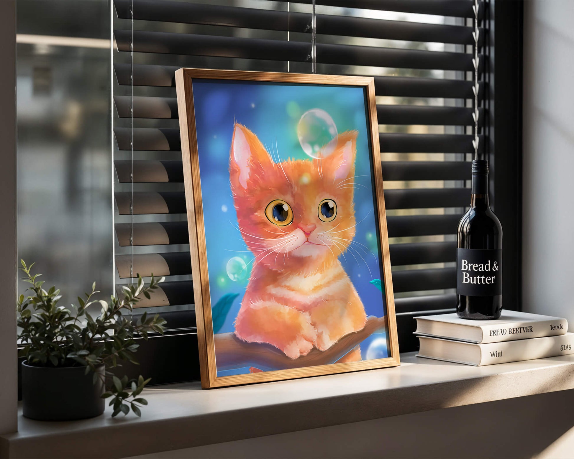 Adorable orange kitten illustration with bubbles and a colorful background