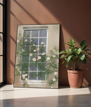 Floral Window with Climbing Roses in a Tranquil Setting