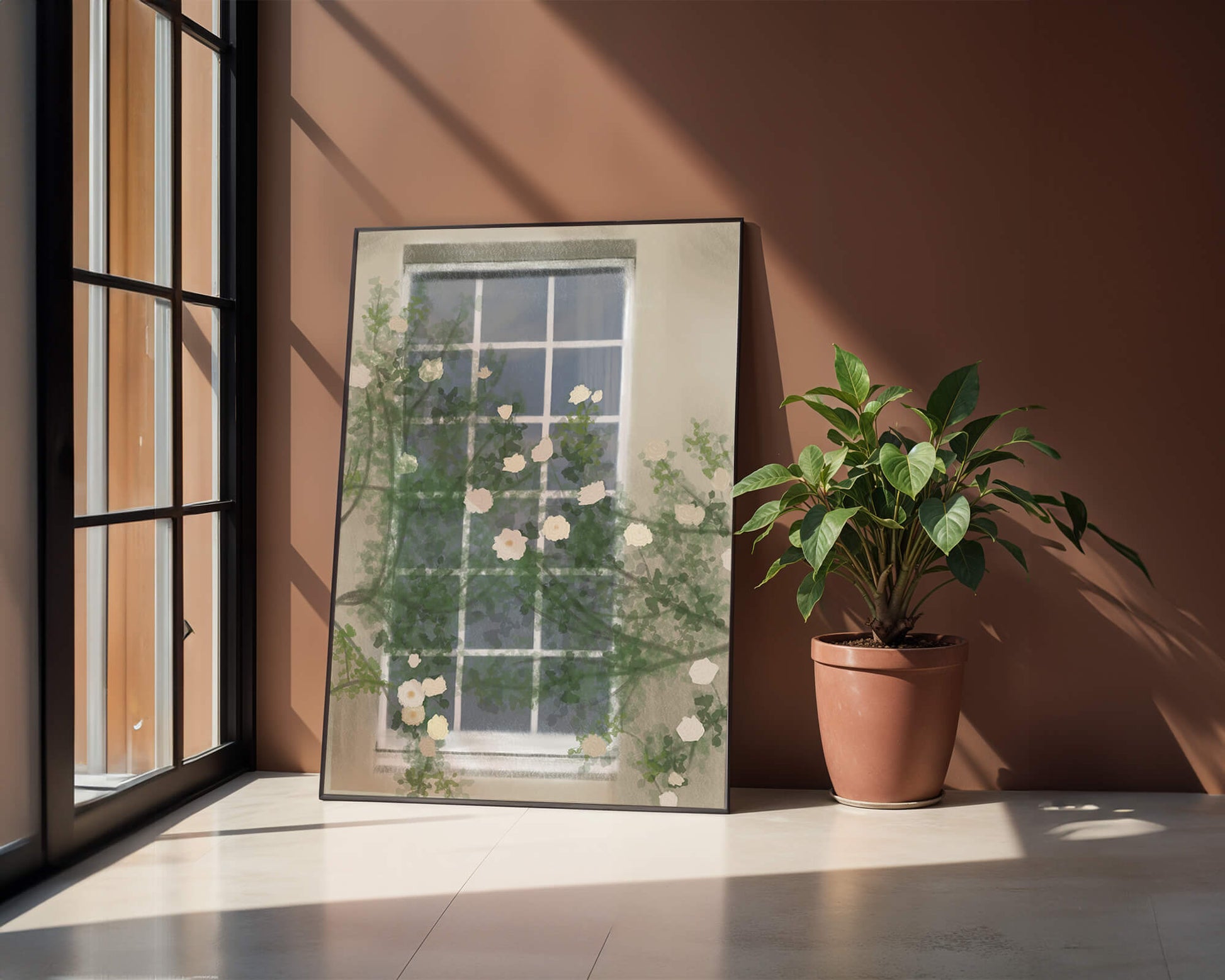 Floral Window with Climbing Roses in a Tranquil Setting