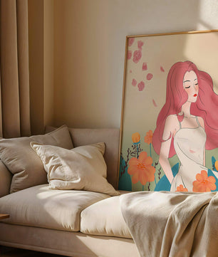 Illustration of a serene woman in a floral dress with flowing red hair