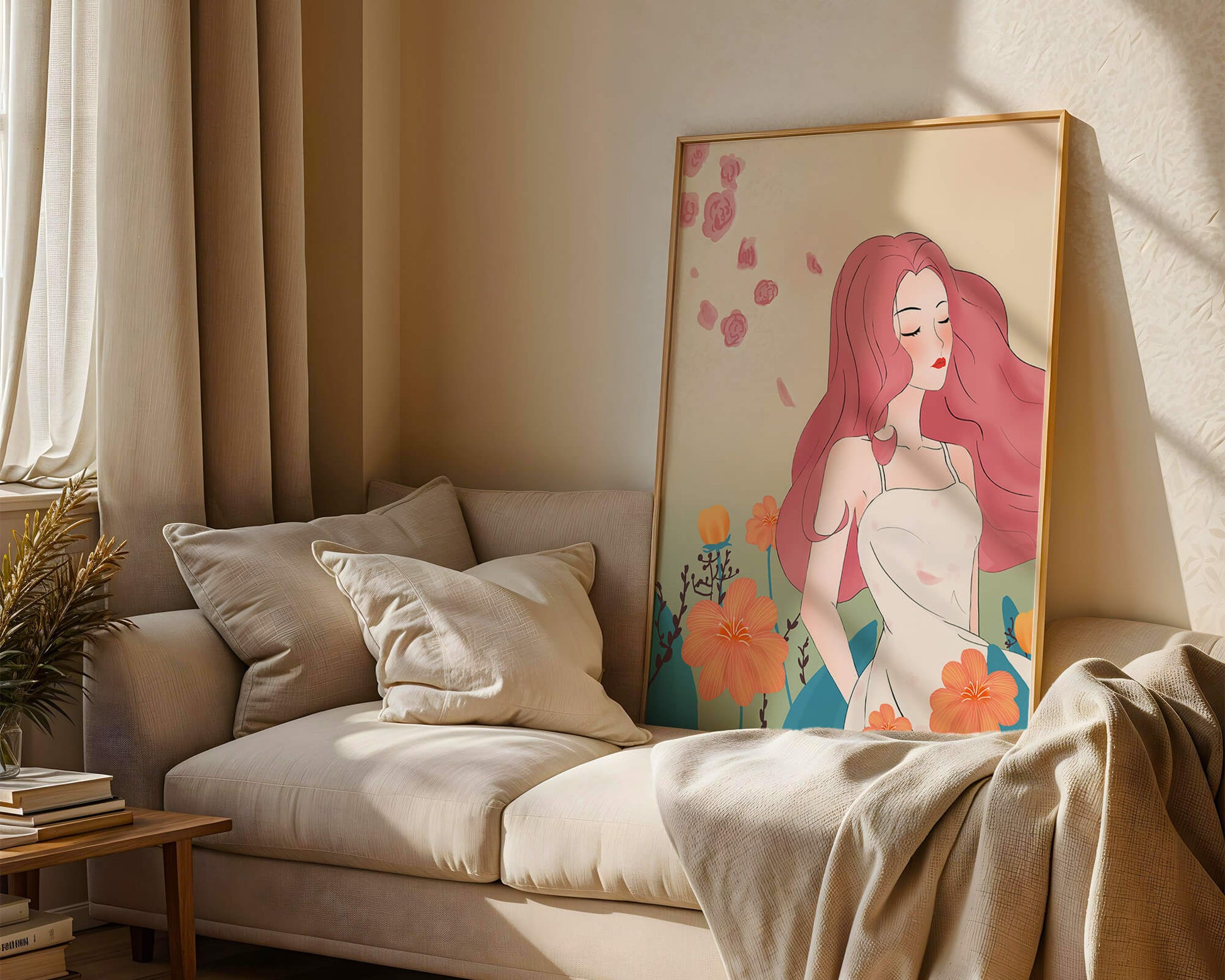 Illustration of a serene woman in a floral dress with flowing red hair