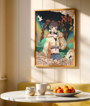 Anime girl with glasses surrounded by nature and cranes