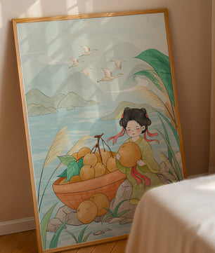 Paisaje sereno con una chica y una cesta de naranjas junto al agua
