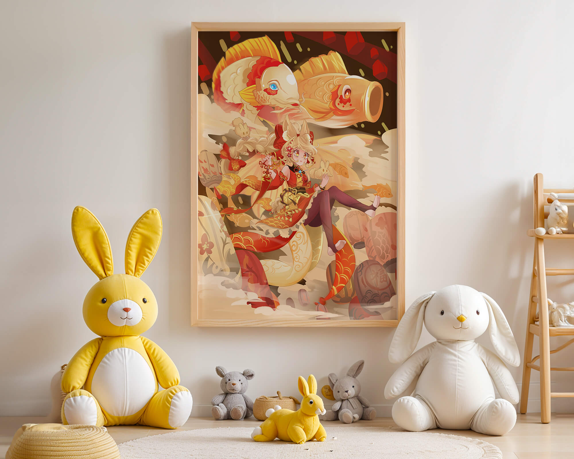 Vibrant anime character with mythical koi fishes and lanterns in dynamic scene