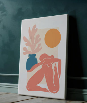 Figura desnuda abstracta con jarrón y sol en estilo minimalista