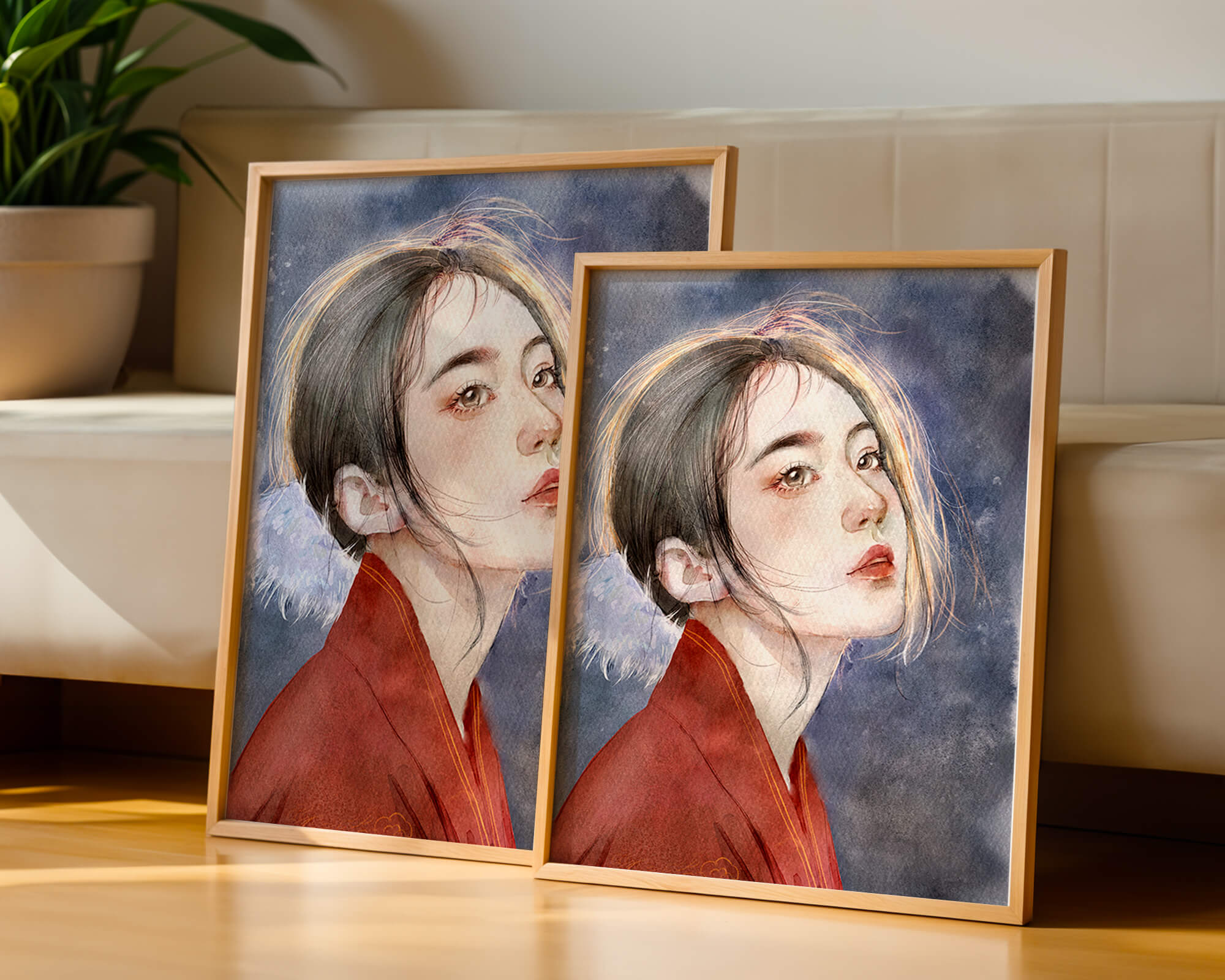 Watercolor portrait of a woman in a red garment with expressive features