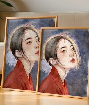 Watercolor portrait of a woman in a red garment with expressive features