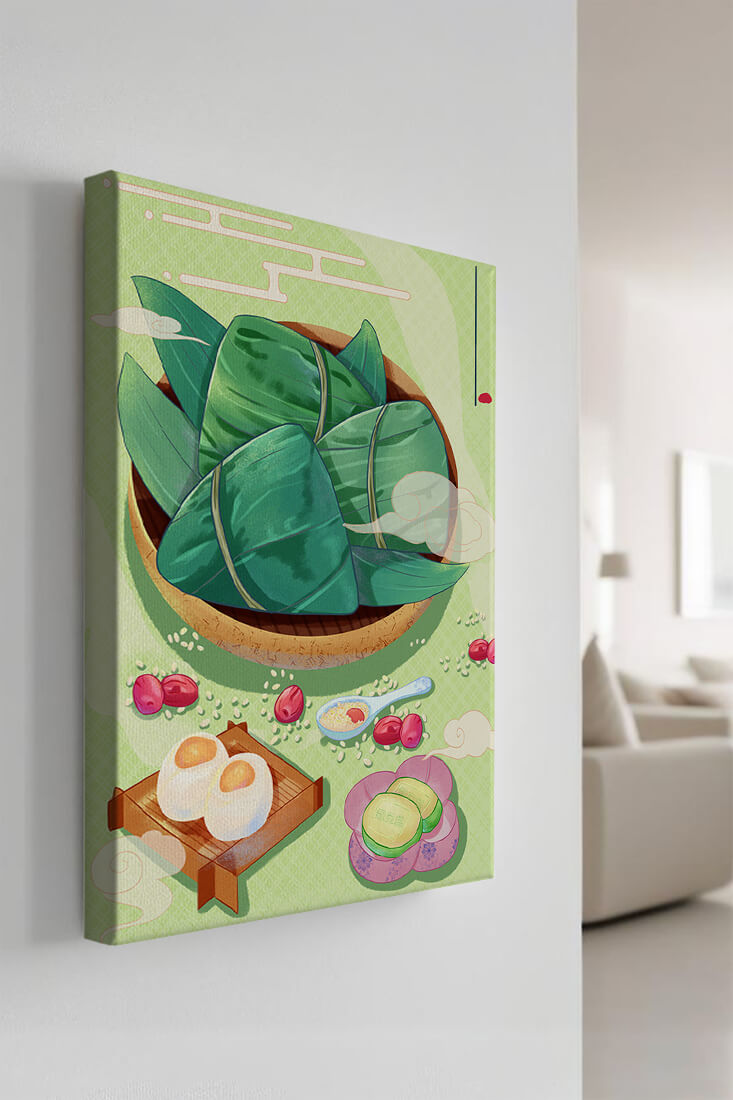 Traditional Asian food illustration with rice dumplings and mooncakes on a green background