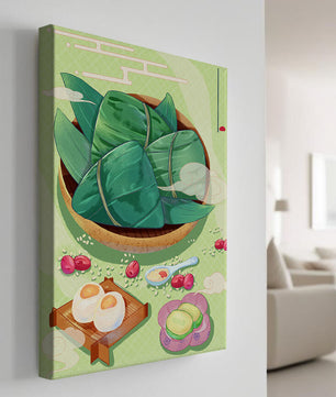 Traditional Asian food illustration with rice dumplings and mooncakes on a green background