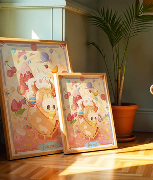 A whimsical Taurus zodiac illustration with playful animals and sweet treats