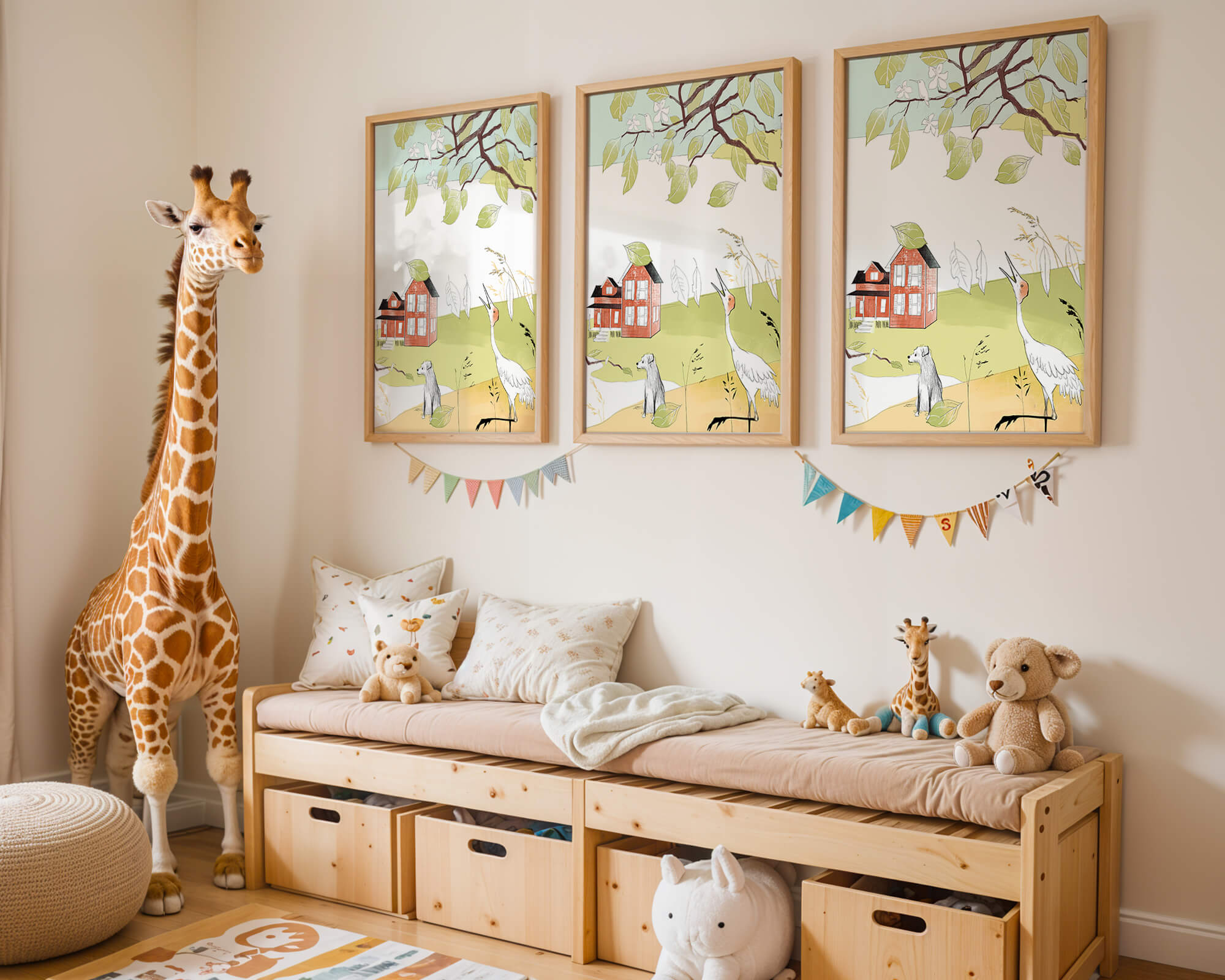 Tranquil rural landscape illustration with house, dog, and crane