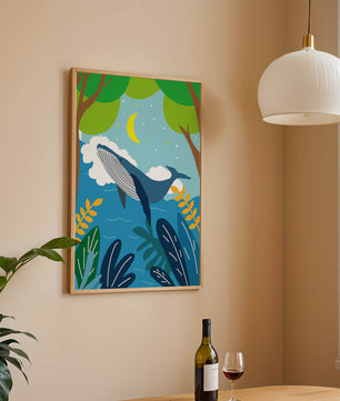 Illustration eines Wals in einer farbenfrohen Waldszene mit Mond und Pflanzen