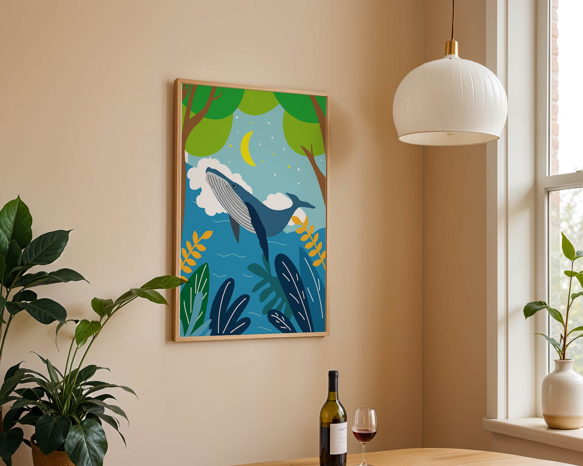 Illustration of a whale in a colorful forest scene with moon and plants