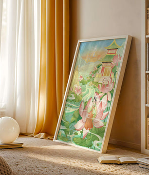 Paisaje asiático sereno con loto y pabellón tradicional