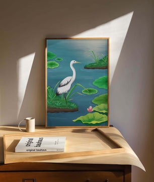 Serene wetland scene with white crane and water lilies