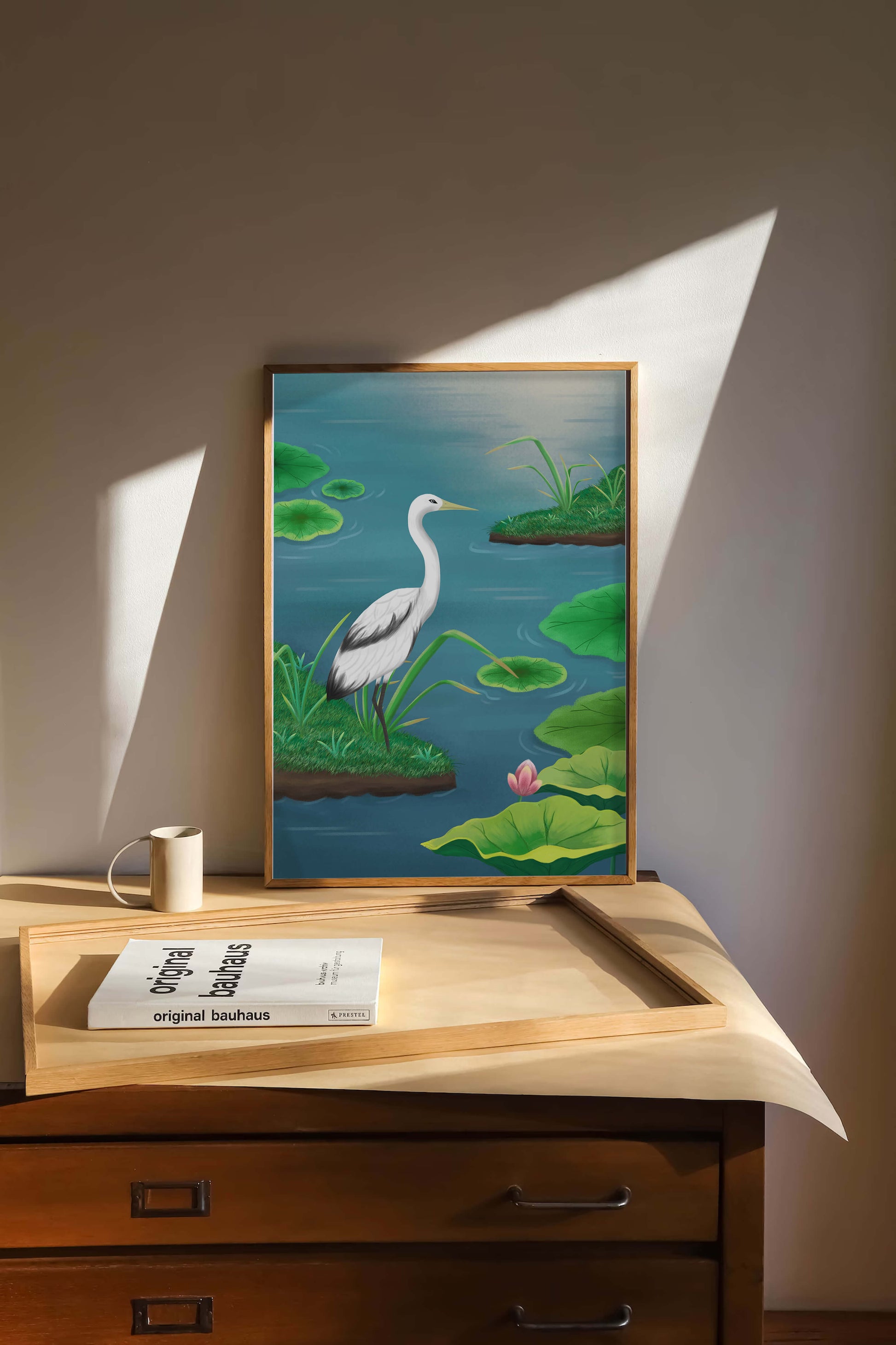 Serene wetland scene with white crane and water lilies