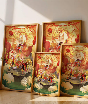 Fantastical scene with anthropomorphic animals and a dragon in a vibrant setting