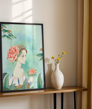 Ilustración de una mujer con una flor y texto que dice "Hola, julio"