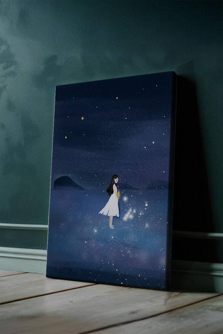Girl in White Dress Gazing at Starry Night Sky