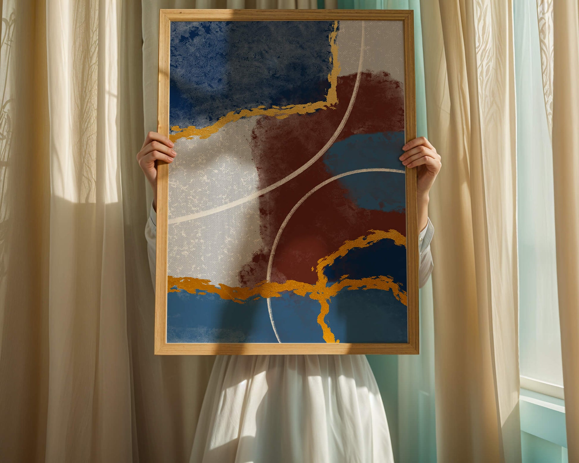Abstract painting with gold accents and geometric elements