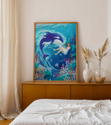 Underwater fantasy scene with a playful whale and a girl floating amidst coral and jellyfish