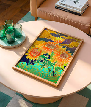 Vibrant sunflowers with intricate background patterns