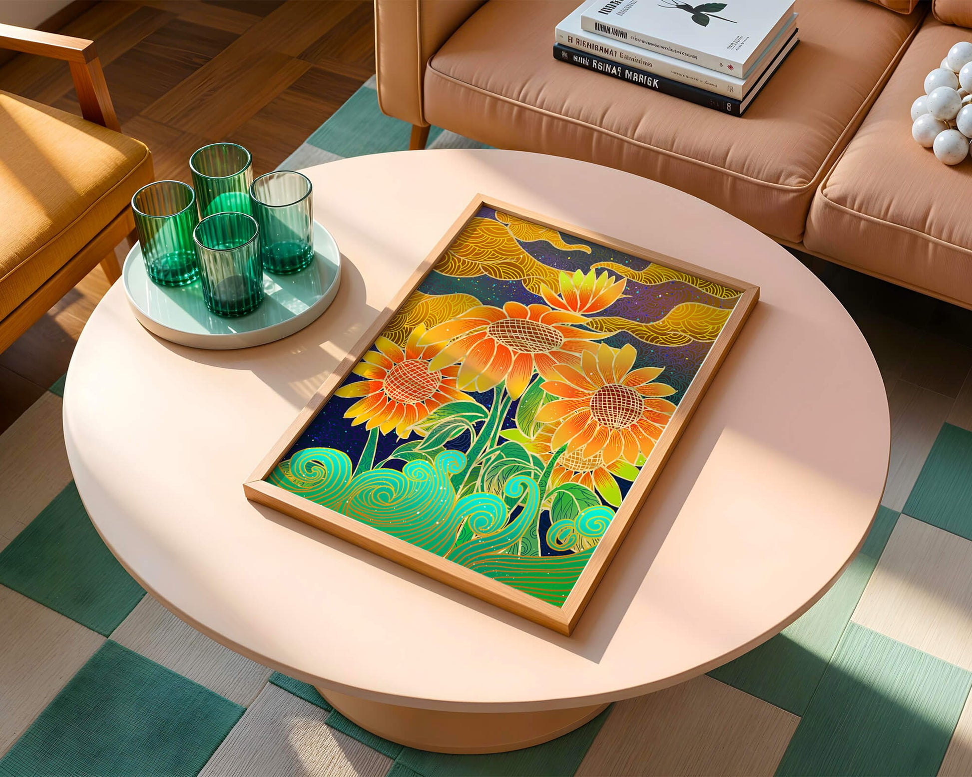 Vibrant sunflowers with intricate background patterns