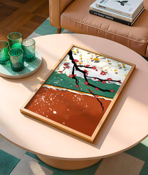 Artistic depiction of blossom branches with gold elements and abstract background