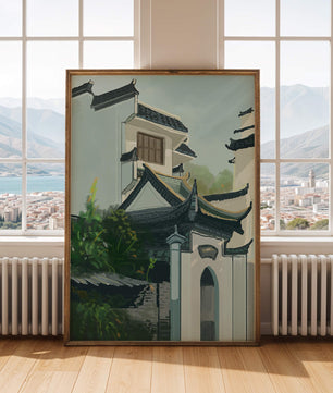 Traditional Asian architecture with lush greenery
