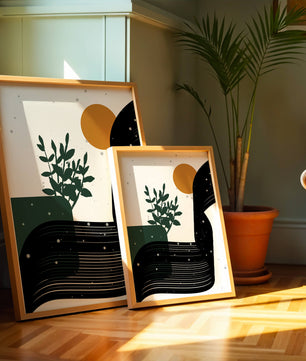 L'œuvre d'art abstraite de la nature avec une silhouette de plante et des formes géométriques