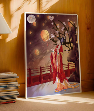 Traditional lantern festival under moonlit sky with cherry blossoms and red bridge