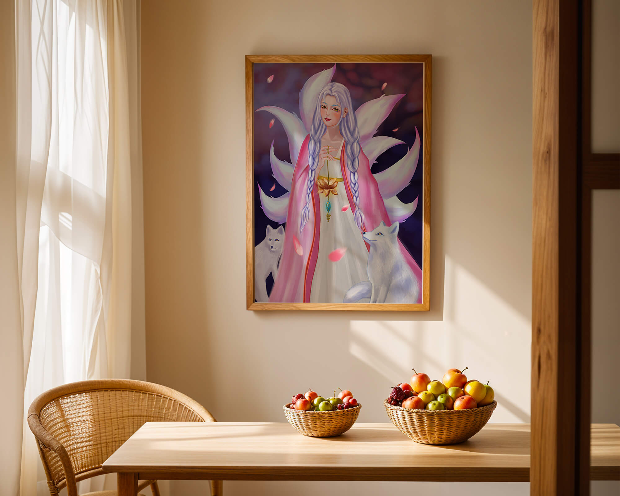 Fantasy art of ethereal figure with foxes and petals