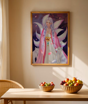 Fantasy art of ethereal figure with foxes and petals
