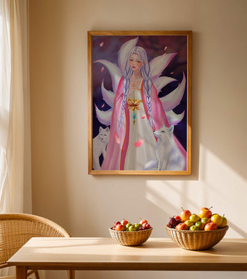 Fantasy art of ethereal figure with foxes and petals